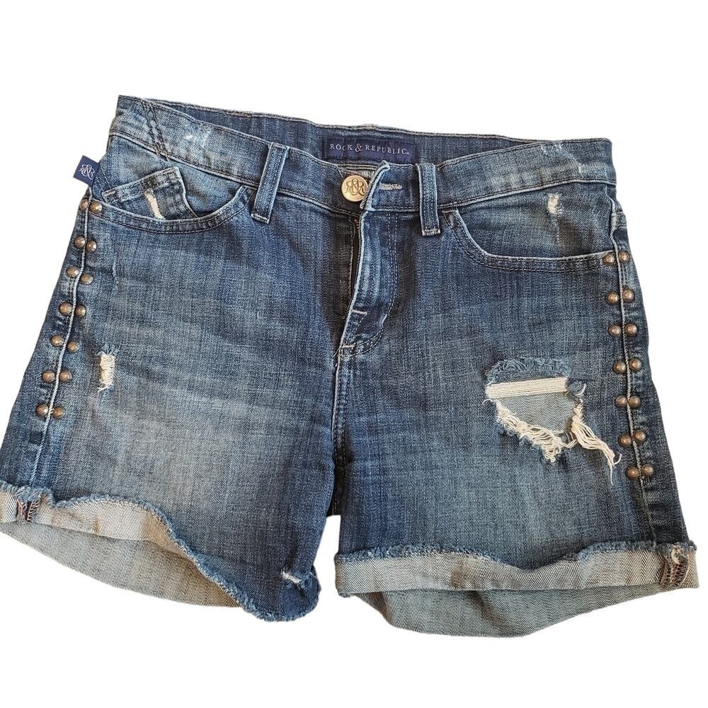Rock & Republic Distressed Denim Jean Shorts Rivets Pockets 6